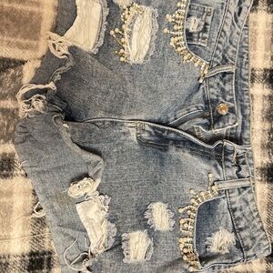 Embellished Denim Shorts with Lace and Pearls
